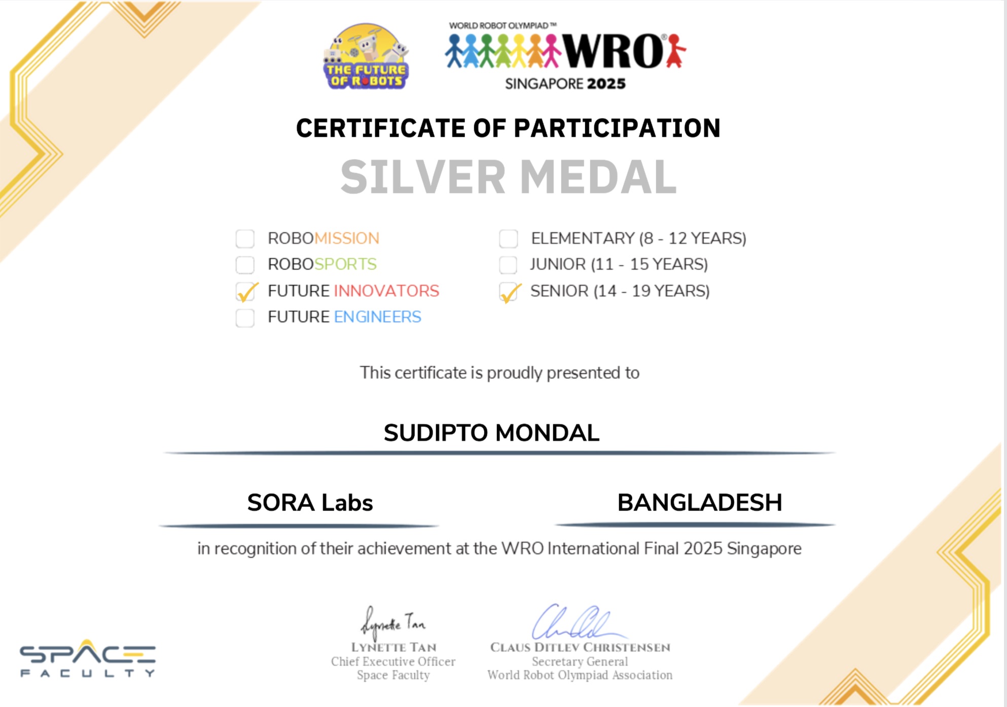 Silver Medal – World Robot Olympiad (WRO) 2025, Singapore